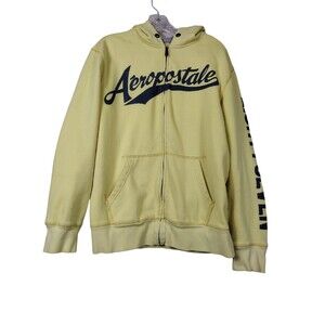 Aeropostale Womens Large Hoodie Yellow Zip Up Pockets Long Sleeve Heavy READ